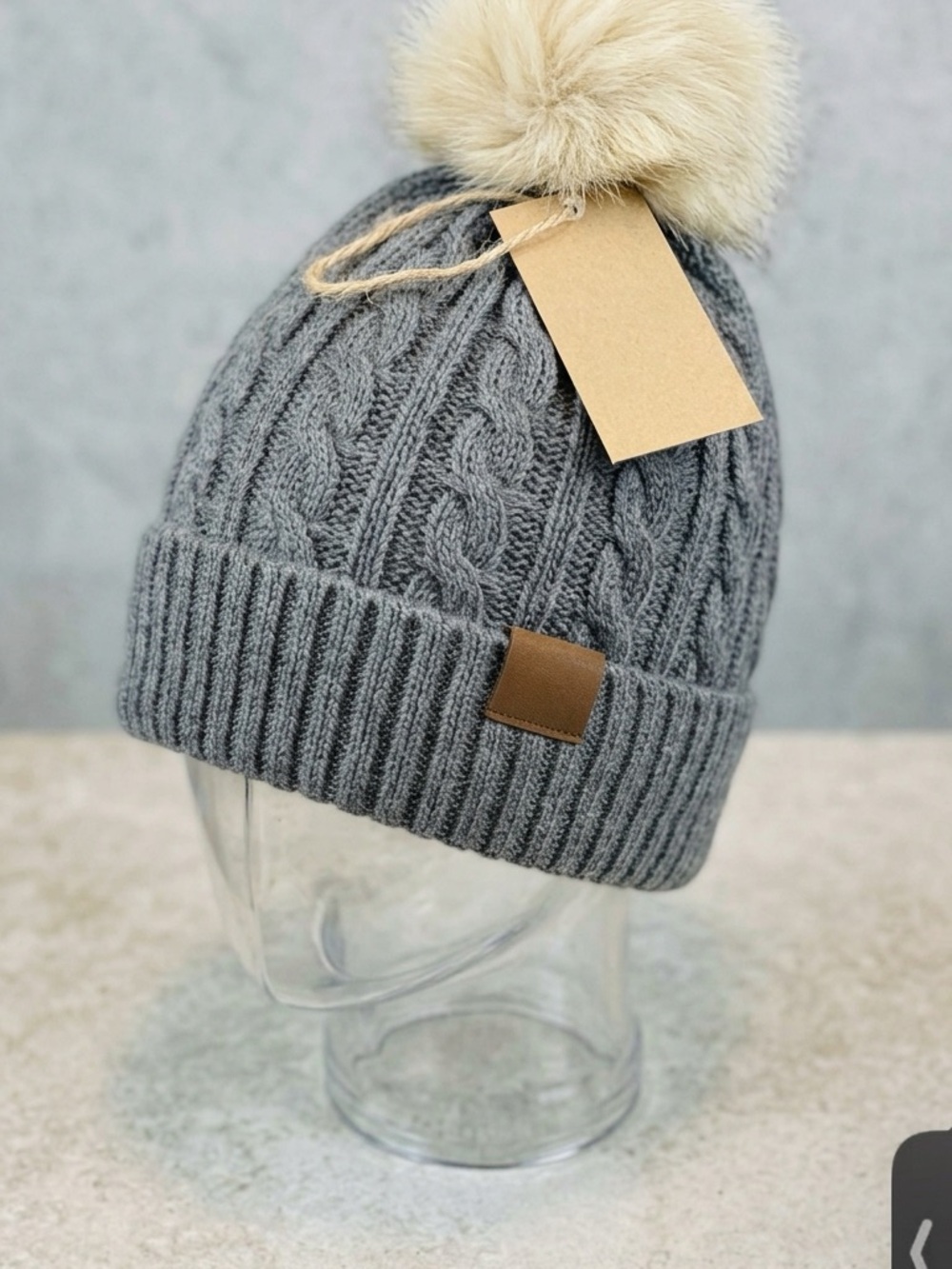 C. C. Cable Knit Beanie | Faux Fur Pom-Pom | Heather Gray | NWT
